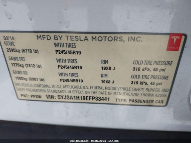 5YJSA1H19EFP33441 Tesla Model S P85