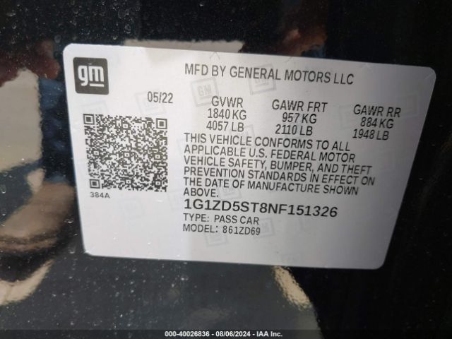 1G1ZD5ST8NF151326 Chevrolet Malibu Fwd Lt