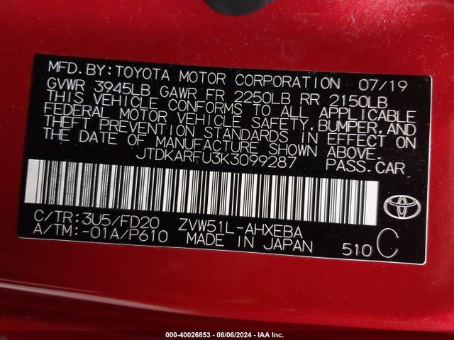 Toyota Prius Le 2019 JTDKARFU3K3099287 Image 9
