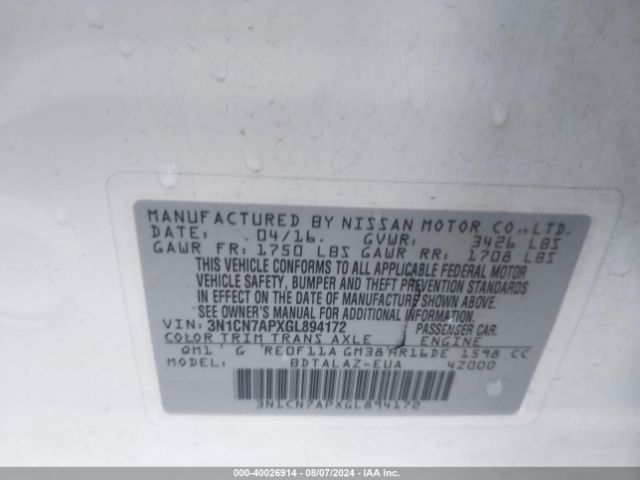 3N1CN7APXGL894172 Nissan Versa 1.6 S/1.6 S+/1.6 Sl/1.6 Sv