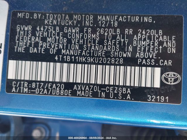 4T1B11HK9KU202828 Toyota CAMRY SE