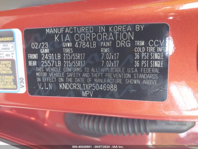 KNDCR3L1XP5046988 KIA Niro Ev Wind