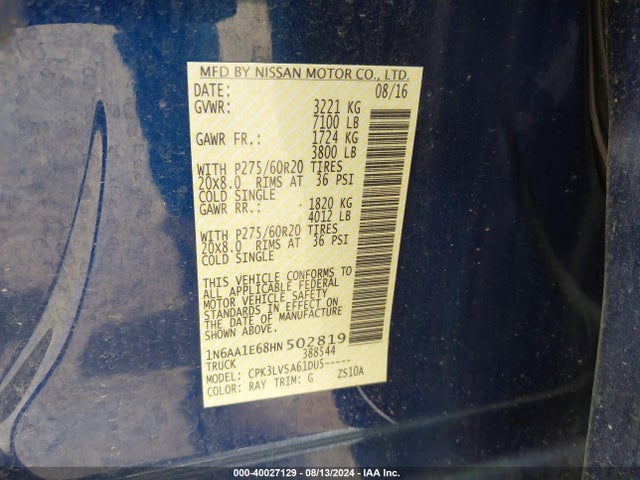 Nissan Titan Sl 2017 1N6AA1E68HN502819 Image 9