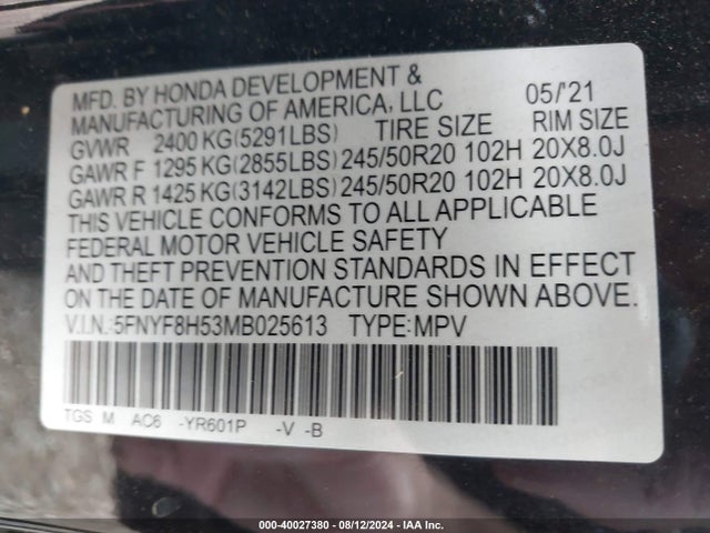 Honda Passport Awd Ex-l 2021 5FNYF8H53MB025613 Image 9