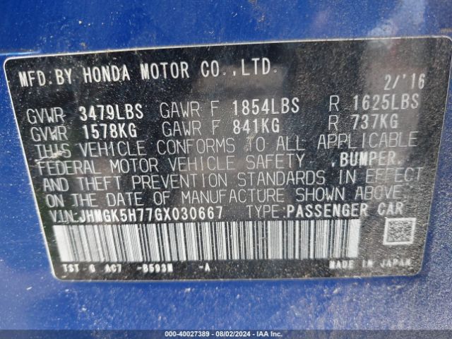 JHMGK5H77GX030667 Honda FIT EX