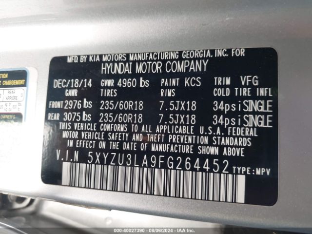 5XYZU3LA9FG264452 Hyundai Santa Fe Sport 2.0l Turbo