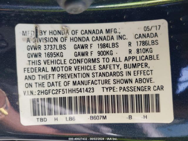 2HGFC2F51HH541423 Honda Civic Lx