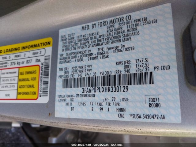 3FA6P0PUXHR330129 Ford Fusion Energi Se Luxury