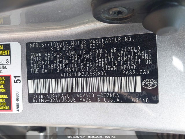 Toyota CAMRY LE 2018 4T1B11HK2JU582836 Image 9