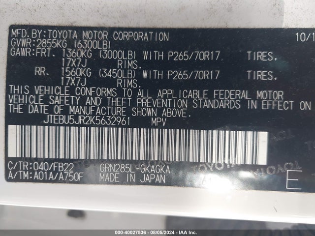 Toyota 4RUNNER SR5 2019 JTEBU5JR2K5632961 Image 9