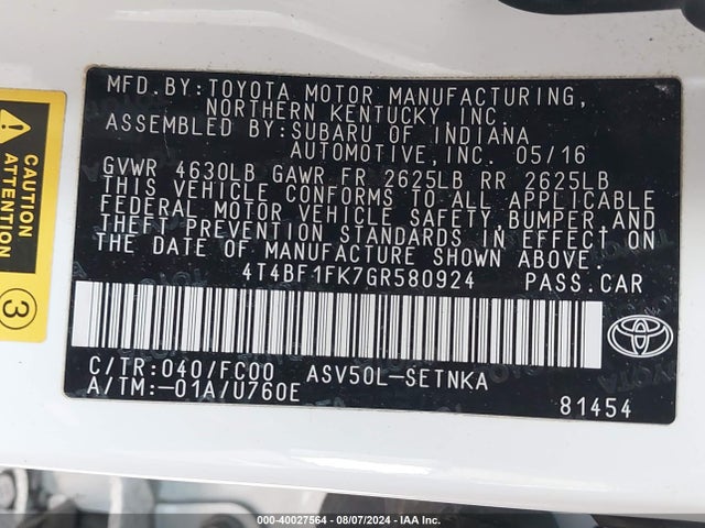 Toyota CAMRY LE 2016 4T4BF1FK7GR580924 Image 9