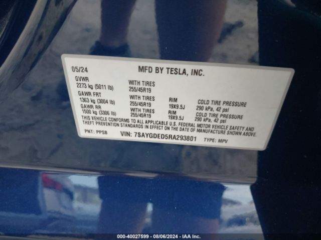7SAYGDED5RA293801 Tesla Model Y Long Range/rwd