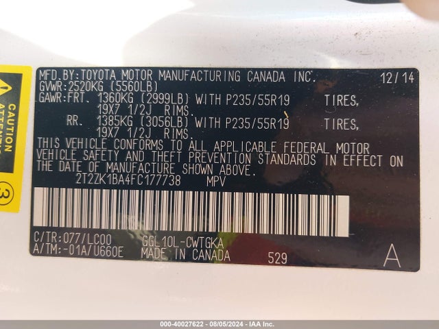 2T2ZK1BA4FC177738 Lexus 2gr-fe