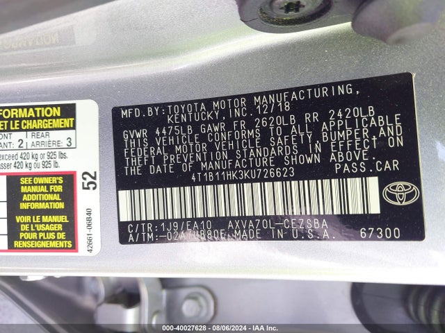 Toyota CAMRY SE 2019 4T1B11HK3KU726623 Image 9