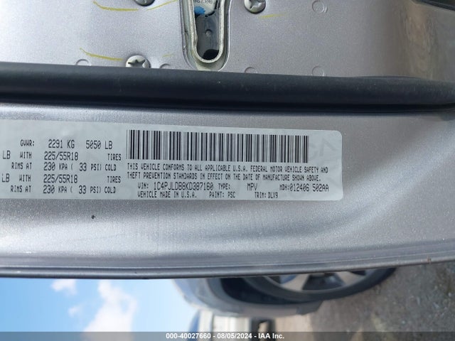 1C4PJLDB8KD387160 Jeep Cherokee Limited Fwd