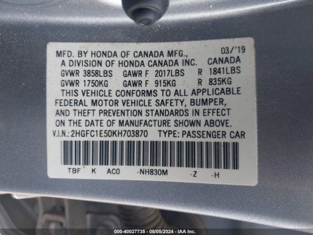 2HGFC1E50KH703870 Honda CIVIC SI