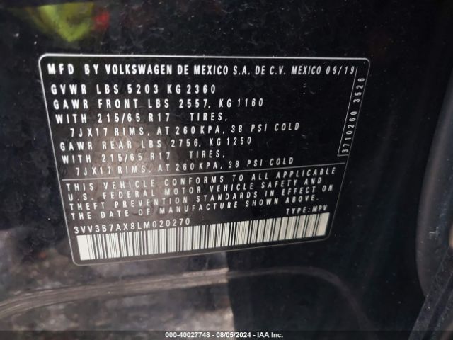 3VV3B7AX8LM020270 Volkswagen Tiguan 2.0t Se/2.0t Se R-line Black/2.0t Sel