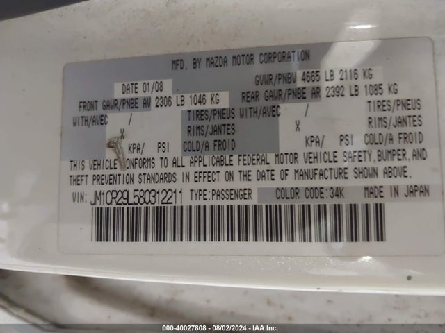 Aukcja sprzedaży 2008 Mazda Mazda5 Sport, vin: JM1CR29L580312211, numer aukcji: 40027808