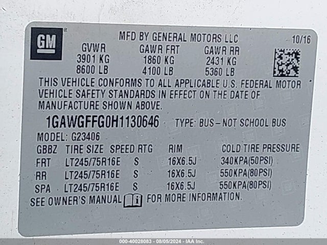 1GAWGFFG0H1130646 Chevrolet Express 2500 Lt