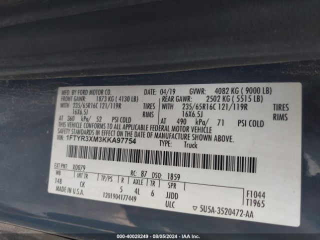 1FTYR3XM3KKA97754 Ford Transit-250