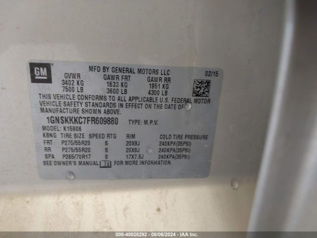 1GNSKKKC7FR609880 Chevrolet Suburban 1500 Ltz