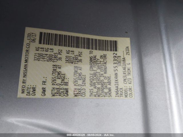 1N6AA1EK4HN553392 Nissan TITAN S