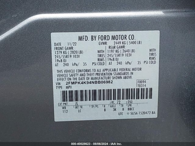 2FMPK4K94NBB06982 Ford Edge Titanium