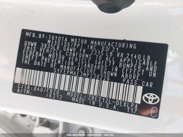 Toyota COROLLA LE 2021 5YFEPMAE3MP230226 Image 9