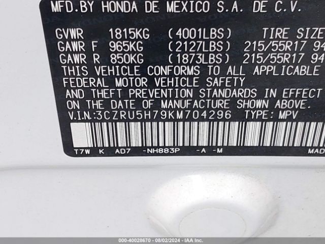 3CZRU5H79KM704296 Honda Hr-v Ex-l