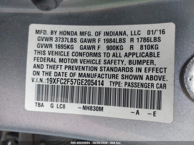 Honda Civic Lx 2016 19XFC2F57GE205414 Image 9
