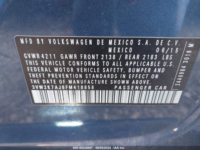 3VW2K7AJ6FM418858 Volkswagen Jetta 2.0l S