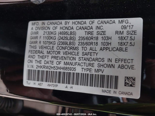 Honda CR-V EX 2017 2HKRW2H53HH685935 Image 9