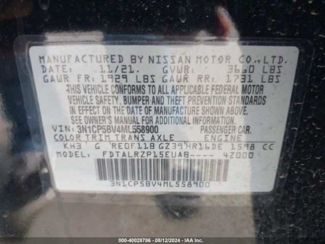 3N1CP5BV4ML558900 Nissan Kicks S Xtronic Cvt