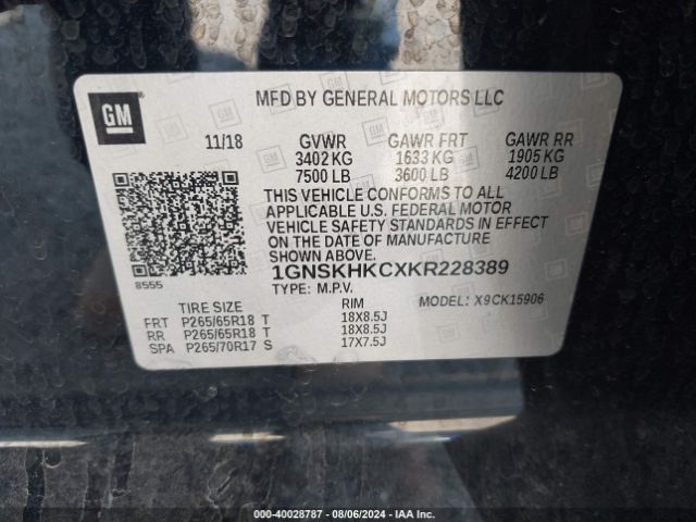 1GNSKHKCXKR228389 Chevrolet Suburban Lt