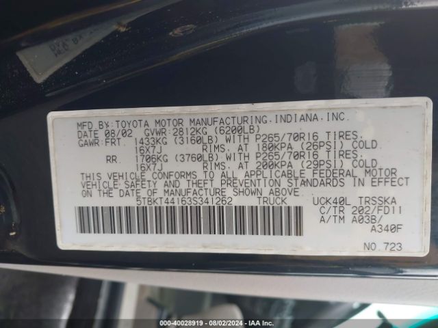 2003 TOYOTA TUNDRA 5TBKT44163S341262 Photo 8