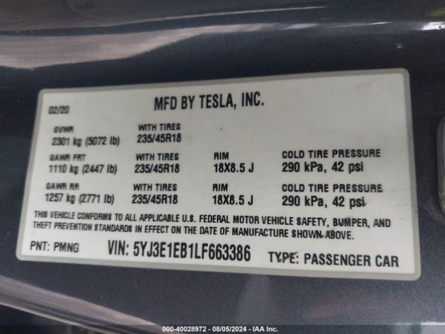 5YJ3E1EB1LF663386 Tesla Model 3 Long Range Dual Motor All-wheel Drive