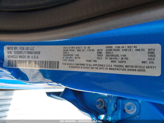 1C6SRFJT1MN618499 RAM 1500 Laramie  4x4 5'7 Box