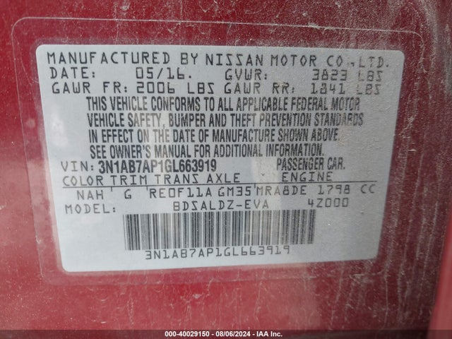Nissan Sentra Fe+ S/s/sl/sr/sv 2016 3N1AB7AP1GL663919 Image 9