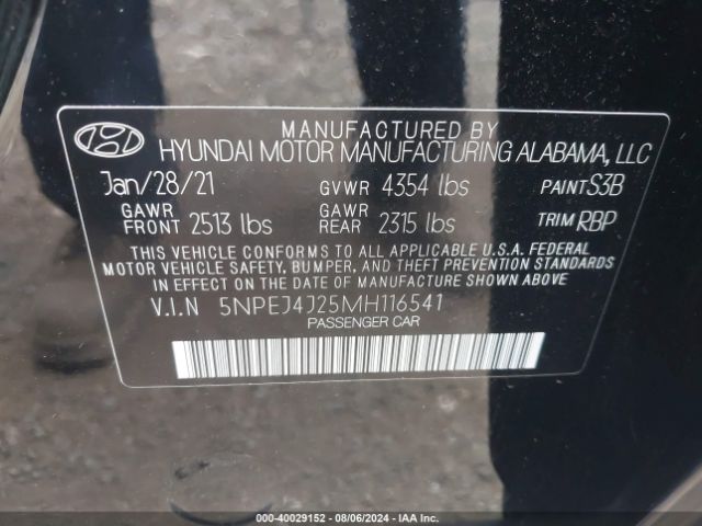 5NPEJ4J25MH116541 Hyundai Sonata Sel Plus