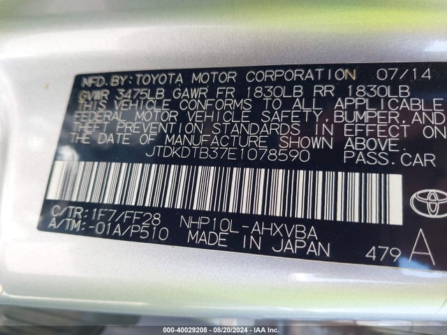 JTDKDTB37E1078590 Toyota Prius C Two