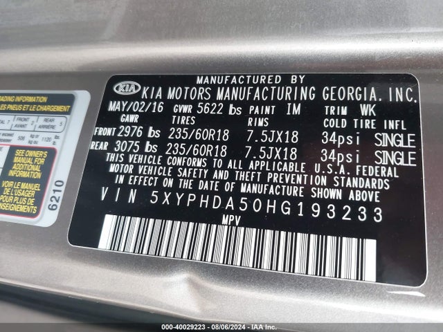 KIA Sorento 3.3l Ex 2017 5XYPHDA50HG193233 Image 9