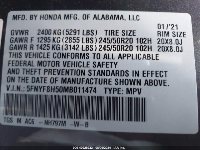 Honda Passport Awd Ex-l 2021 5FNYF8H50MB011474 Image 9