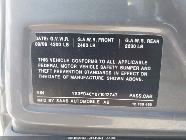 2007 SAAB 9-3 YS3FD46Y271012747 Photo 8