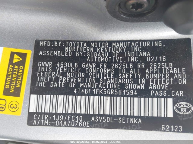 Toyota CAMRY LE 2016 4T4BF1FK5GR561594 Image 9