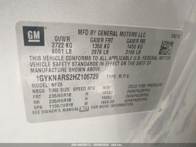 1GYKNARS2HZ106729 Cadillac Xt5 Standard