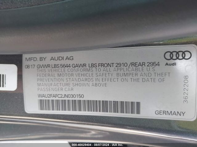 WAU2FAFC2JN030150 Audi S7 4.0t Premium Plus