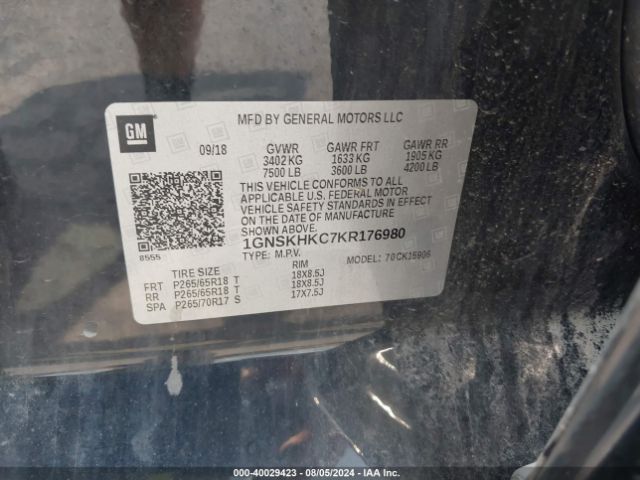 1GNSKHKC7KR176980 Chevrolet Suburban Lt