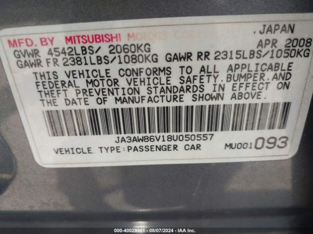 2008 MITSUBISHI LANCER EVOLUTION JA3AW86V18U050557 Photo 8