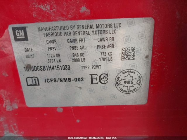 1G1JD6SB1H4151033 Chevrolet Sonic Lt Auto