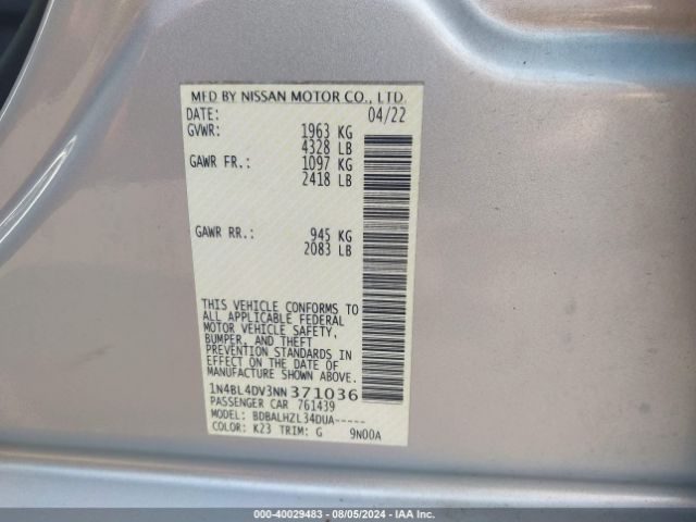 1N4BL4DV3NN371036 Nissan Altima Sv Fwd